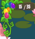 The egg counter keeps track of collected eggs and the number needed for the next prize.