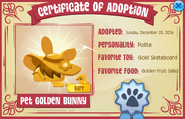 The Adoption Certificate for a Pet Golden Bunny shows a rare tag.