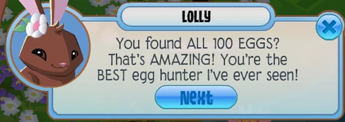 Lolly congratulates the player after they collect all of the eggs.