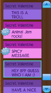 Secret Valentines in the Inbox; unread Secret Valentines are magenta, read Secret Valentines are purple