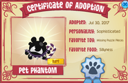 The Adoption Certificate of a non-member Jazwares Pet Phantom