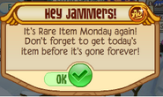 An announcement reminding of Rare Item Monday.