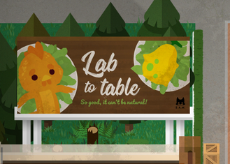 Lab to table billboard that depicts a super fried chicken and a Health Fruit.