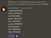 A screenshot of Alan's Discord message saying the hex codes of some of the stick figures.