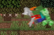The skeleton flying around the world and slamming back into The Second Coming, Red, a zombie, and a Creeper.