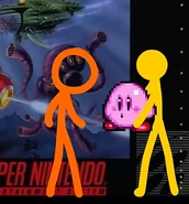 Yellow holding Kirby.