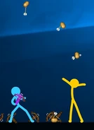 Blue using Multishot to shoot three potatoes.