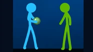 Blue and Green playing basketball with a slime ball.