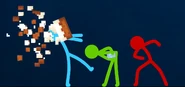Red throwing a cake at Green, only for the latter to duck.