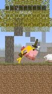 Yellow using a wooden sword and axe to kill a pair of sheep.