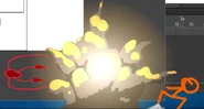 An explosion blowing the ViraBot back.