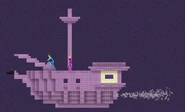 Purple and Blue riding a flying ship.