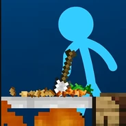 Blue cooking the potato and carrot.