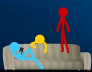 Red bouncing on the couch before the lights go out.