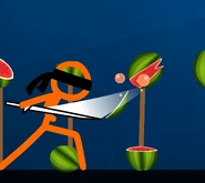 The Second Coming blindly stabbing a watermelon.