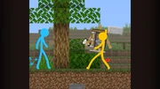 Yellow showing Blue a Redstone-powered axe.
