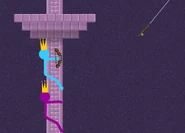 Purple and Blue faceplanting against the a ship's mast.