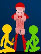 Green and Yellow playing with plush toys.