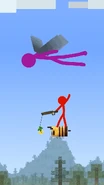 Red waving to Purple while riding a bee.