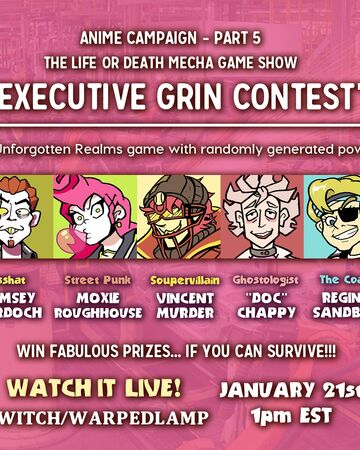 Episode 5 Executive Grin Contest Anime Campaign Wikia Fandom This rp will take place in the epithet erased universe, but will add elements from it's partner series; episode 5 executive grin contest