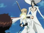 Sado's blow is blocked by Tesra.