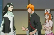 Orihime stops Ichigo from arguing with Byakuya.