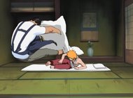 Ichigo throws Tessai out of bed