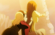 Orihime protects Rurichiyo from an assassin.