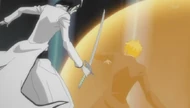 Orihime's Santen Kesshun blocks Ulquiorra's attack.