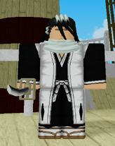 Byakuya's default skin, which is Byakuya's captain outfit. This is Byakuya's main outfit for most of pre-timeskip Bleach.