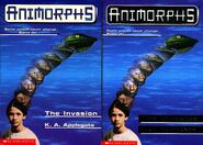 Front cover - Earlier and later printings, respectively. The Animorphs logo background changed from white to silver.