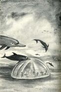 The Animorphs, morphed as dolphins, come across the dome of the GalaxyTree dome ship on the ocean floor, where they find Ax, who had sent out a distress call. Illustration from the Japanese edition of The Message.