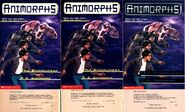 3 different covers of 3 different printings of 'The Encounter'. For the first printing, "©MATTINGLY 1995" can be seen in the lower right corner of the cover. By the second printing, this credit had been removed, but nothing else had changed. Later printings of this book changed the background of the Animorphs logo from white to silver, and changed the color of the title and author from yellow to silver.