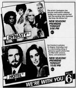 WPVI Channel 6 - Dynasty 9PM & Hotel 10PM - Season Premieres - Tonight promo for September 26, 1984