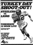 WNBC Channel 4 - NBC Sports: NFL On NBC: Pittsburgh Steelers vs. Detroit Lions - Tomorrow promo for November 24, 1983