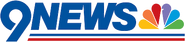 "9 NEWS" logo, in use since 1984. The NBC peacock was added in 1996. This logo now features an "HD" tag next to it during newscasts.