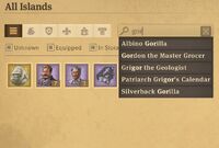 The overview of items when all islands are selected, all items category is chosen, all status are chosen, and "gor" is typed in the search filter. Search filter proposes up to five items names which contain the "gor" fragment and the overview displays all those items (Silverback Gorilla is hidden underneath the search filter proposals).