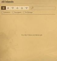 Statistics items nothing.jpg (58 KB) The overview of items when all islands are selected and no status of items are chosen. Each item has to be either unknown, equipped or somewhere in storage so statistics found no items that match chosen criteria.