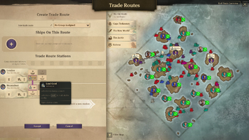 When hovering over a specific good in the trade routes menu, the region map indicates the stock and trend of the good on every island you own in the region.
