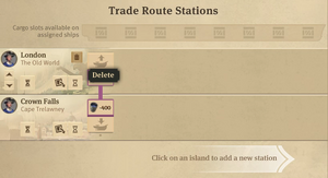 Hovering over the area with the island's name in the trade route stations section reveals buttons which allow to delete the station or move it up or down in the list.