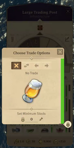 The menu which opens up after clicking on a good in the trading post menu on one of your islands. Here you can choose one of the trade options or set minimum stock.