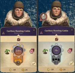 An example of a production building and its heat requirement. The left side shows the building with access to heat - the thermometer indicator below the productivity has warm orange glow and the building is fully operational. The right side shows the same building but with no heat provided - the glow around the thermometer indicator has a cold blue colour and the building cannot produce anything. There is also a warning icon at the top left part of the menu, to the left of the explorer's portrait.