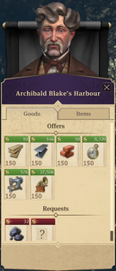 Archibald Blake's Harbour menu which shows what goods he offers and requests, including prices and amounts. His offers and requests depend on game progression, this particular screenshot comes from the end game stage.