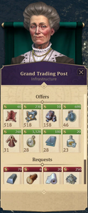 Lady Hunt's trading post menu of one of her islands, showing her offers and requests. Like other AI opponents, she can often change what she trades with.