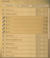 The overview of trade routes which include the chosen island. After clicking on one of the routes you can see the list of past arrivals to the island. Click on the button on the right to see the trade route in the trade route menu