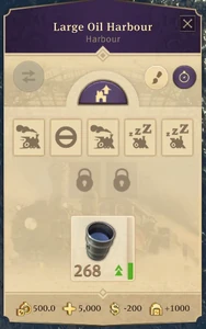 The menu of the oil harbour provides an overview on the status of each train, allows to jump to their location and monitors the amount of oil being stored and how its stock has been changing recently. The buttons at the top right lead to the menus where trains' skin can be changed or where the blocked railway segments can be checked.