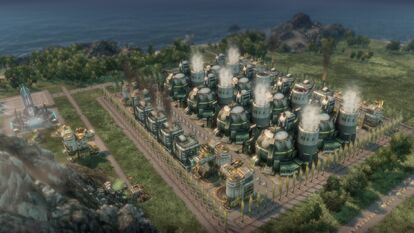 A small island nuclear power plant complex with an energy transmitter.