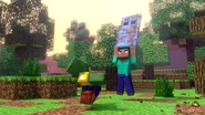 Steve using his Enchanted Wooden Door in Annoying Villagers 21