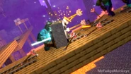 Blue Demon using his trident to hold a minecart as a shield