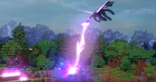 An Ender Dragon shoots lightning at the Drowned